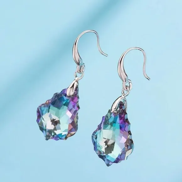 Silver with Vitrail Light Austrian Crystal Baroque Dangling Drop Hook Earrings